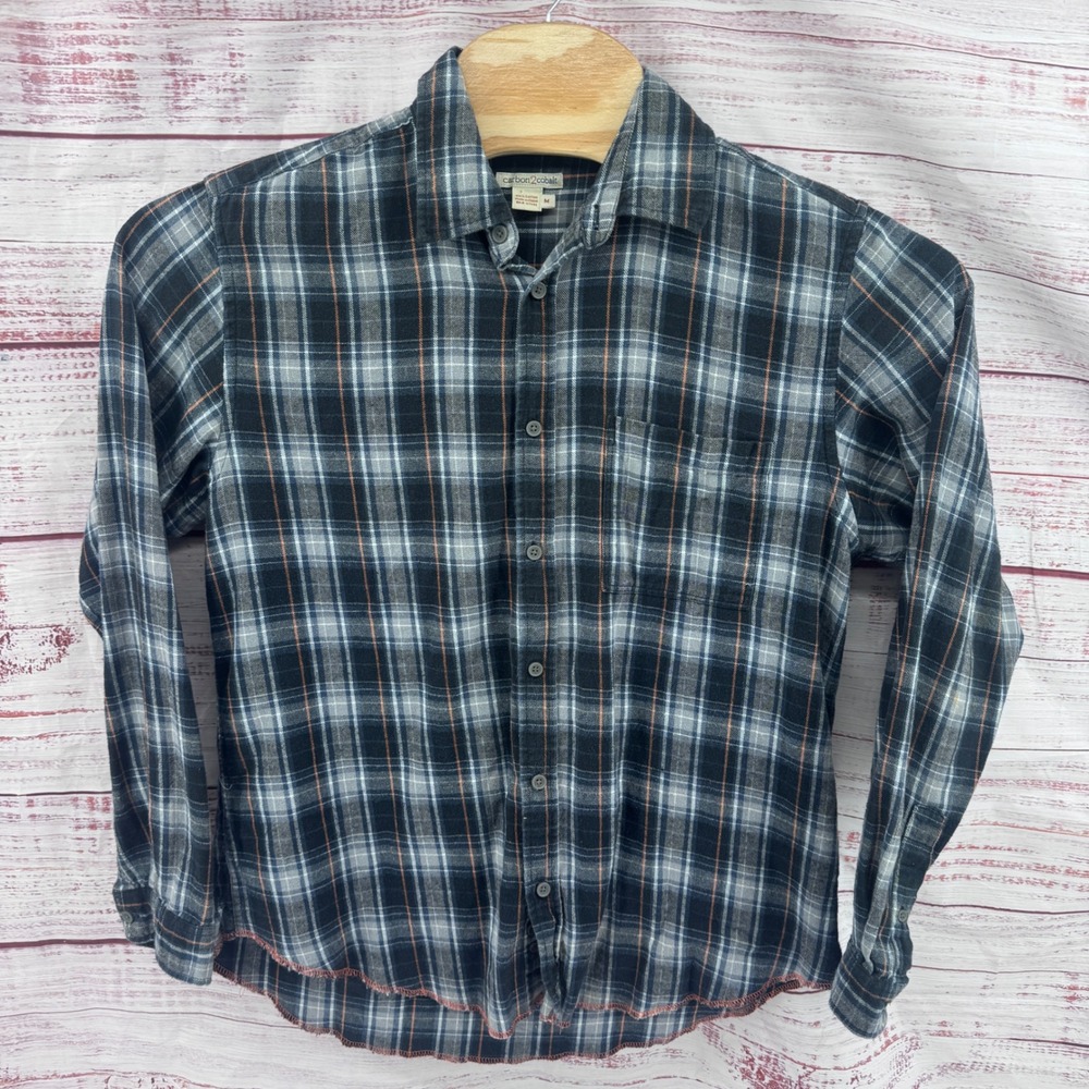 Carbon 2 Cobalt Flannel Shirt Mens Medium Plaid Button Down  Raw Hem Lightweight